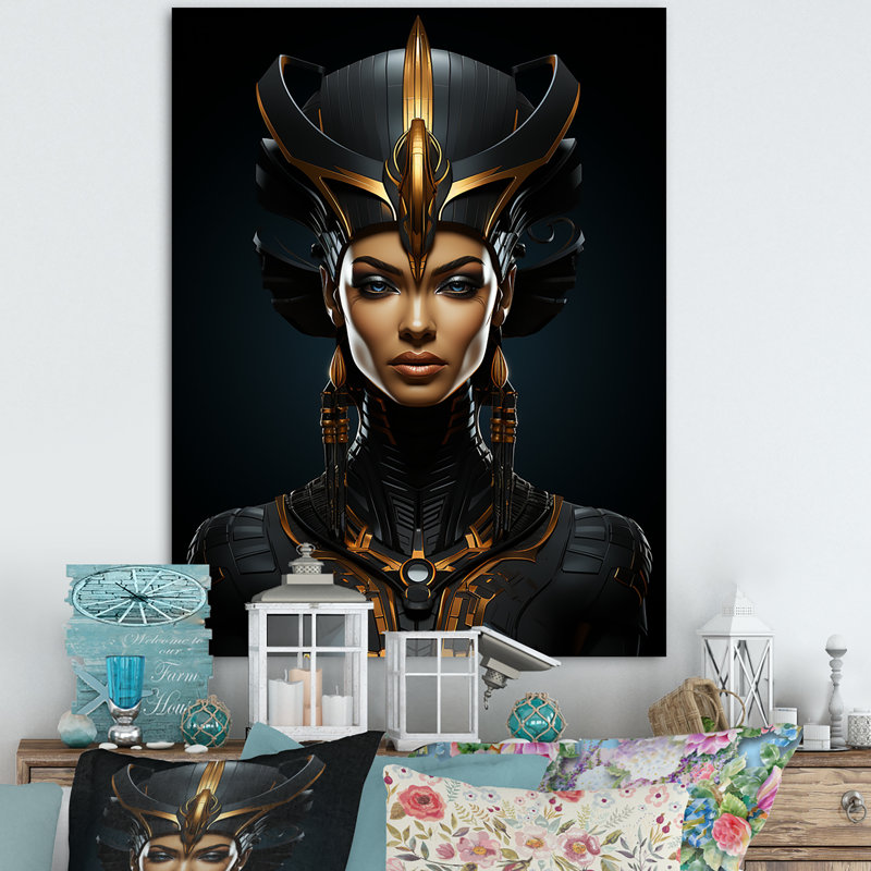 Or et noir, reine Néfertiti d'Egypte, Portrait I - Art mural égyptien, Cadre photo argenté, H 20 po x l 12 po