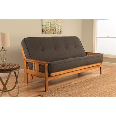 Monterey Frame-Butternut Finish-Suede Peat Mattress - Futon Frame Set with Mattress, Foldable Futon Frame with Sturdy Wood Build, Living Room Futon Frame with Mattress, Versatile Design