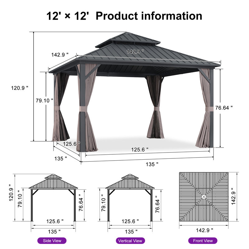 PURPLE LEAF 12' X 12' Gazebo Outdoor Aluminum Gazebo with Heavy Duty Galvanized Steel Double Roof for Patio Backyard Deck, Netting and Curtains Included, Grey
