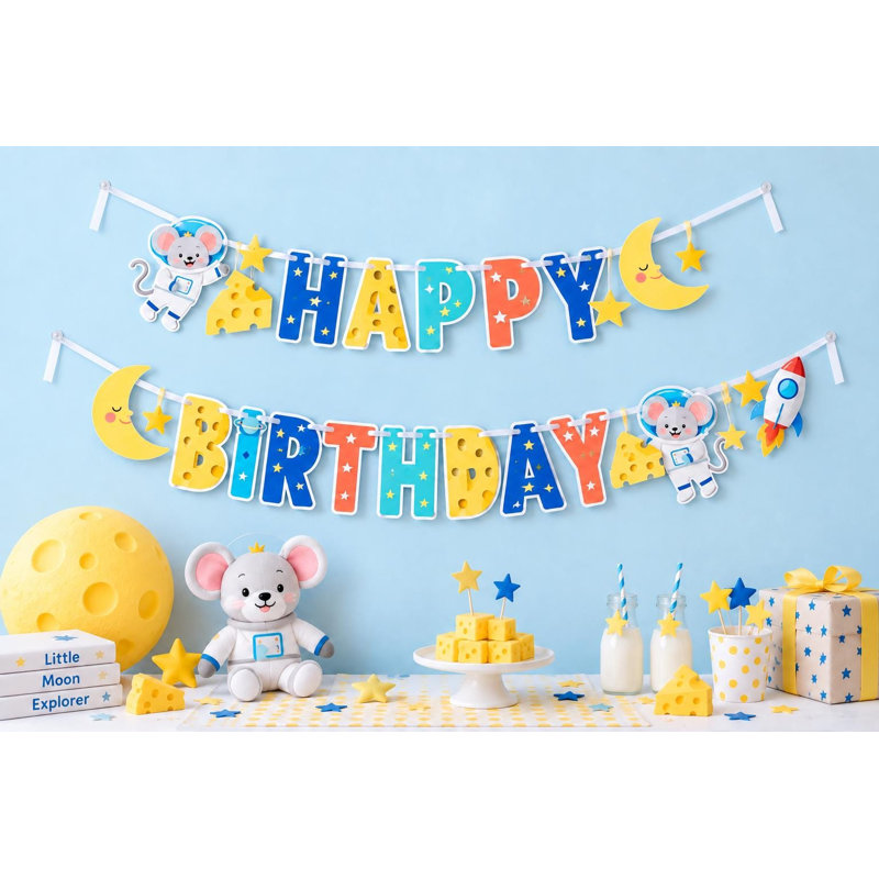 Moon Cheese Picnic Birthday Banner, Mouse Astronaut Happy Birthday Letter Garland, Cheese Moon Space Party Decor