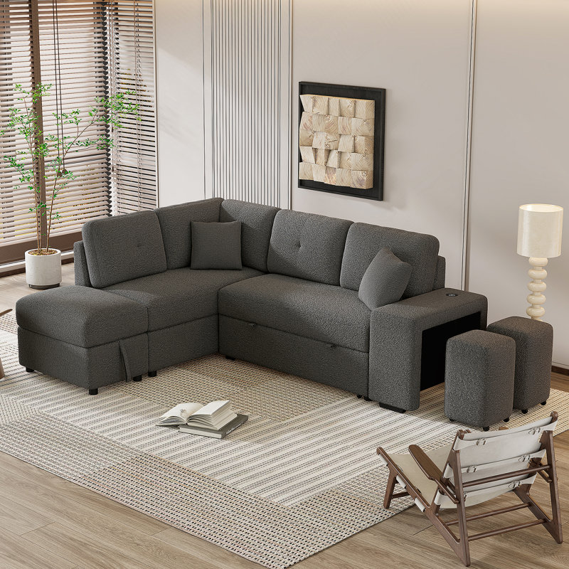 Canapé-lit modulaire convertible avec repose-pieds et 2 tabourets Giguere, Chenille grise foncée