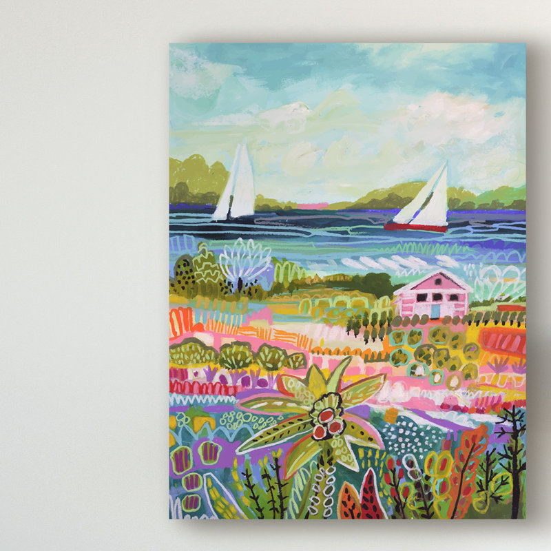 «Two Sail Sailers and Cottage I», peinture sur toile tendue, H 47 po x l 35 po x P 2 po