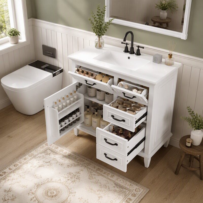 36 Inch Bathroom Vanity with Ceramic Sink Top, Solid Wood Frame, MDF & Poplar Cabinet, Flip Drawers, Adjustable Shelf, and Zinc Alloy Handles, Freestanding Storage Cabinet (Faucet Not Included)