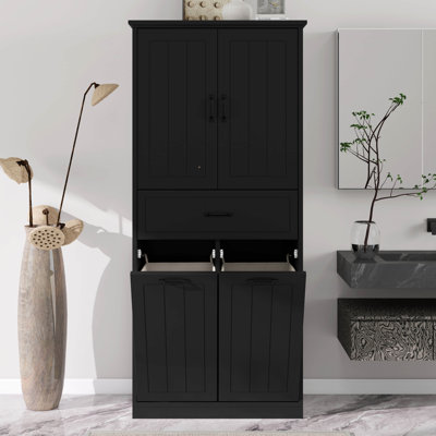Bathroom Laundry Cabinet With Two Laundry Baskets, 65.8" Tall Bathroom Storage Cabinet With Doors And Drawer, Adjustable Shelf