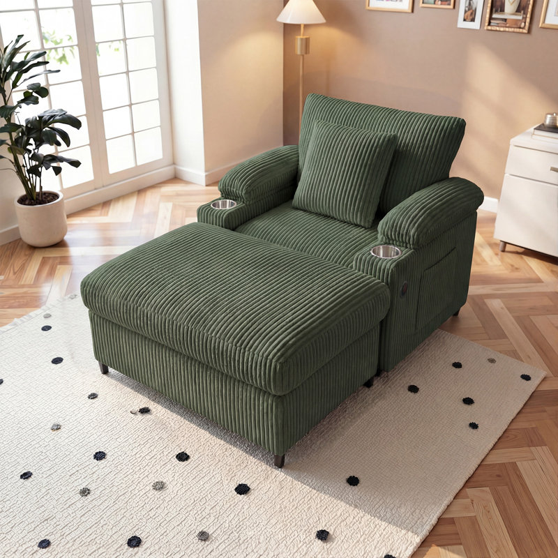 39'' Width Corduroy  Accent Chair with Ottoman, Lounge Chair With Armrests and Throw Pillows, Gray