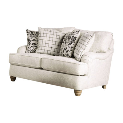 Selly Loveseat, Ivory Fabric, 4 Accent Pillows, Pleated Arms, 65 Inch