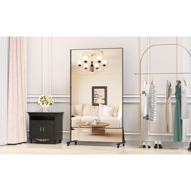 67X40 Inch Black Square Mirror With Wheels, Metal Frame, High - Definition, For Bedroom And Living Room Large Dressing Color, Hanging Different Spaces