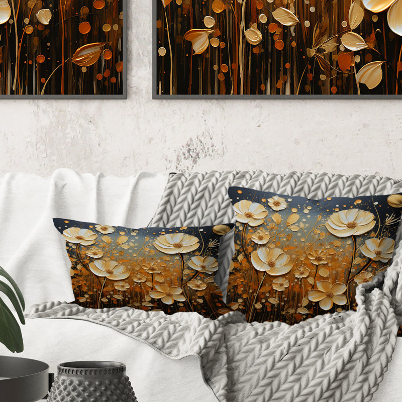 Wildflowers Golden Petals Pointillism Dot - Coussin décoratif imprimé fleurs sauvages