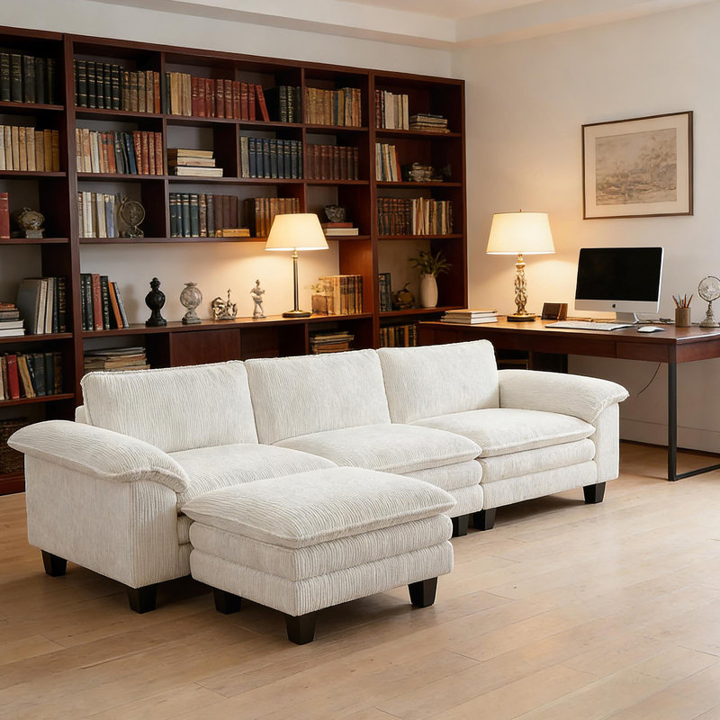 Canapé modulaire de luxe en forme de L avec accoudoirs coussinés et repose-pieds mobile pour une assise confortable, Beige