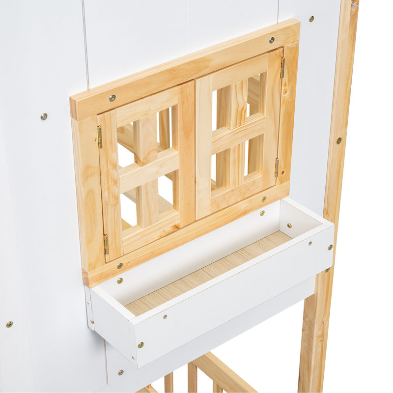 Twin Over Twin House Bunk Bed With Roof, Window, Window Box, Door, With Safety Guardrails And Ladder, Natural/White