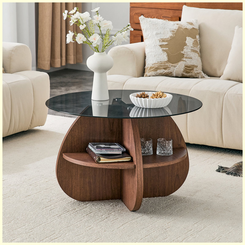 Table basse à structure en croix avec plateau en verre trempé gris et rangement en forme de ventilateur en noyer pour le salon, petits espaces