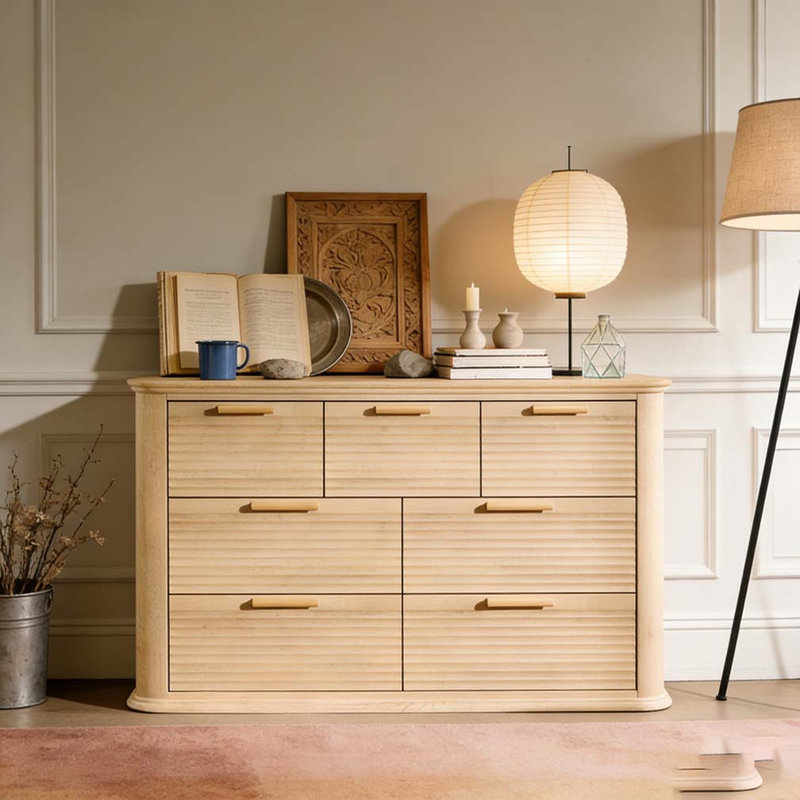 Commode de 52 po de largeur pour chambre à coucher moderne, commode à profil courbé, Chêne