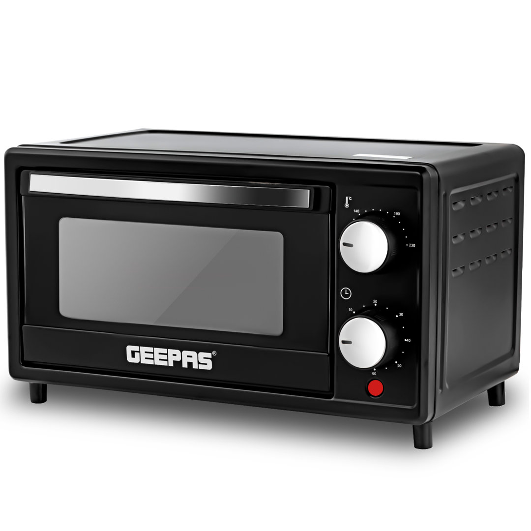 GEEPAS Mini Oven & Grill Rotisserie Baking Roasting & Grilling 1600W Temp Control 100–230°C Double Glass Door 60min Timer Auto Shut Off Bell