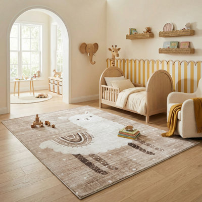 Tapis brun / beige à motif de lamas pour enfants 7 pi x 10 pi (6 pi 7 po x 9 pi 6 po) Branchan Rowan