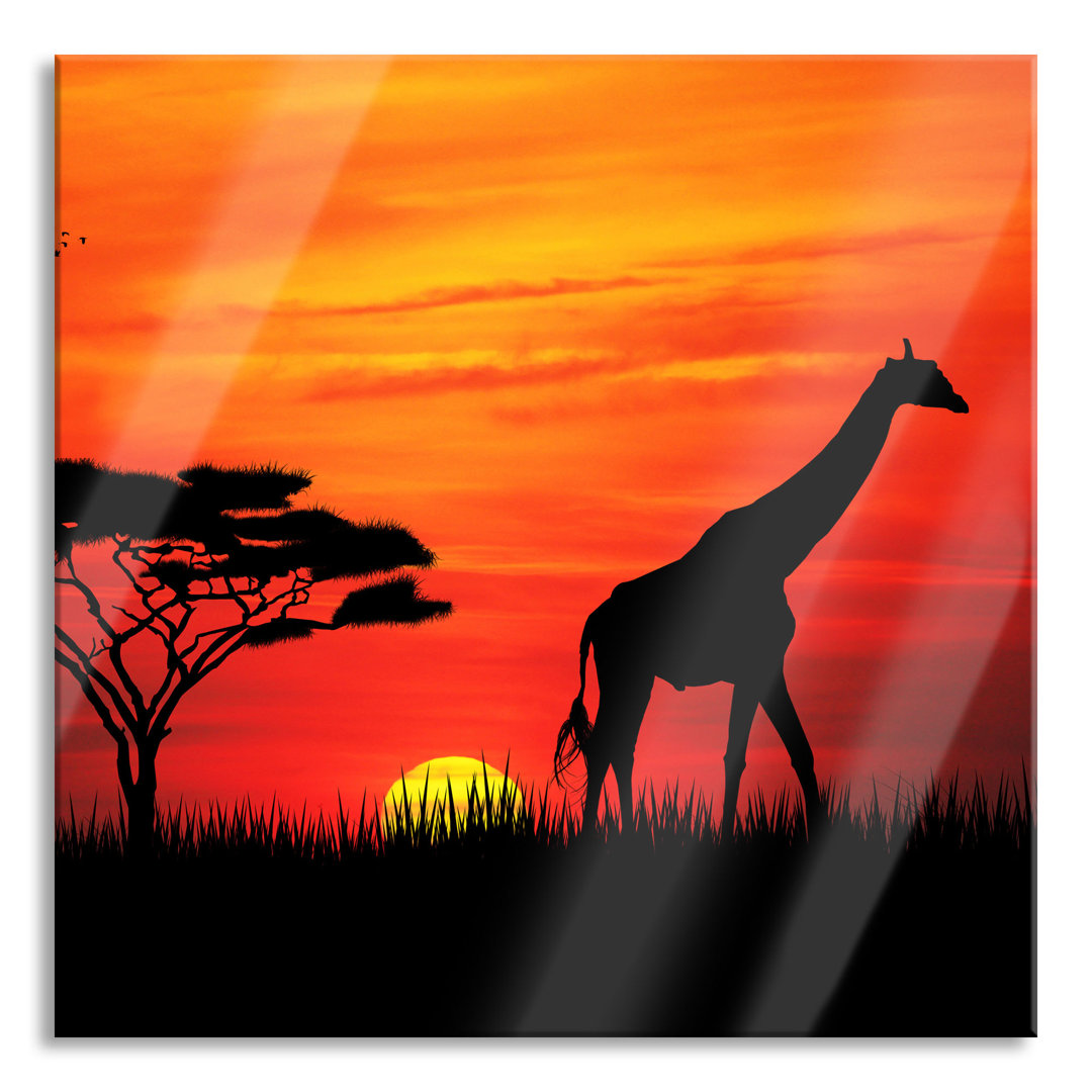 Glasbild Giraffe bei Sonnenuntergang