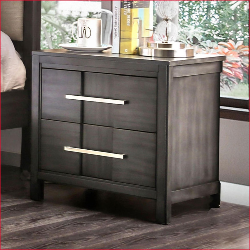 Table de chevet transitionnelle 2 tiroirs gris, Brun
