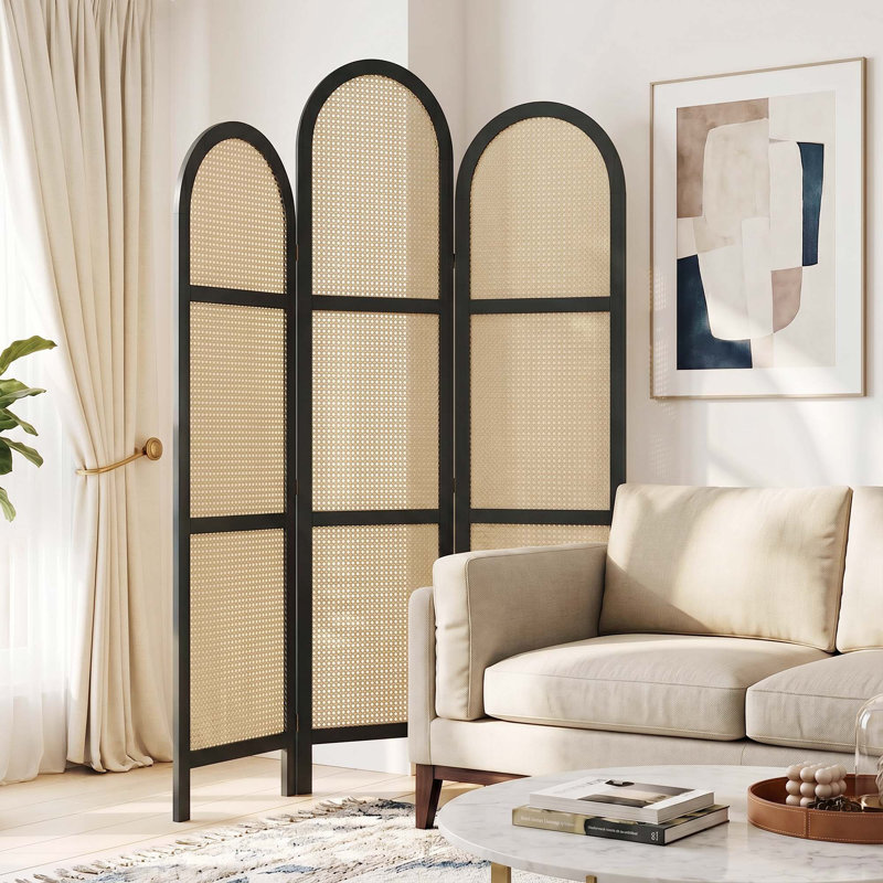 Paravent à 3 panneaux avec cadre en bois de pin et canne naturelle - Paravent moderne d'inspiration japonaise, Noir