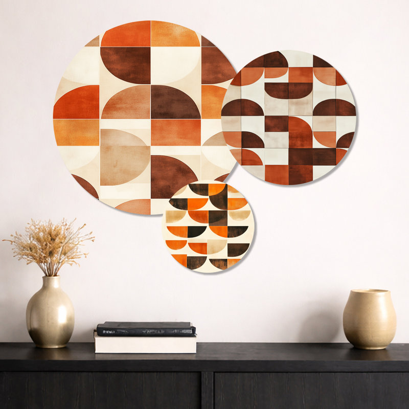 Croissant en terre cuite - Art mural abstrait en métal imprimé Mid-Century 3 pièces
