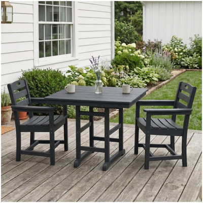 Ensemble repas d'extérieur 3 pièces en PEHD noir avec table carrée et 2 fauteuils