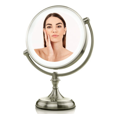 Miroir de maquillage de table lumineux 9 "avec grossissement 1X / 5X, miroir de meuble-lavabo double face avec lumières DEL à intensité variable, conception pivotante à 360 ° et double alimentation, nickel brossé MGT95BR1X5X