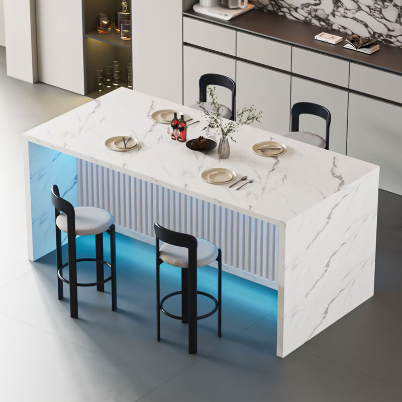 71" Large Imitation Dining Table For 4-6 People, Island Table With Led Lights, Mordern Marble Stripes Kitchen Dining Table With Grille Design For Dining Room, Home, Living Room