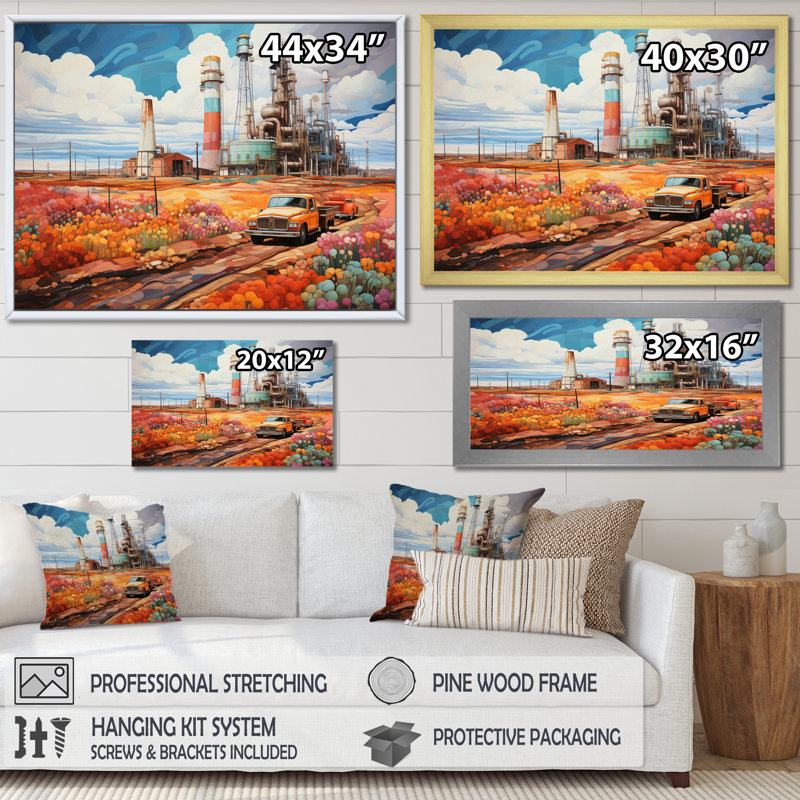 «Orange Oil Rigs», installation sur toile, Encadrement doré, H 30 po x l 40 po x P 1,5 po