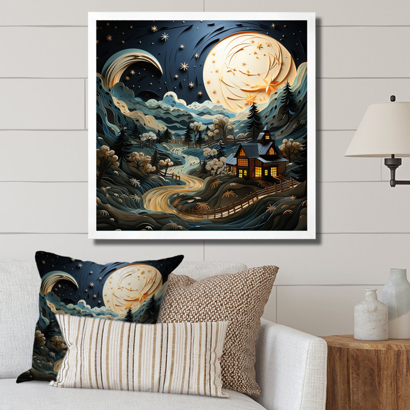 Paysage avec grange au clair de lune - impression, H 36 po x l 36 po x P 1,5 po, Cadre simple blanc