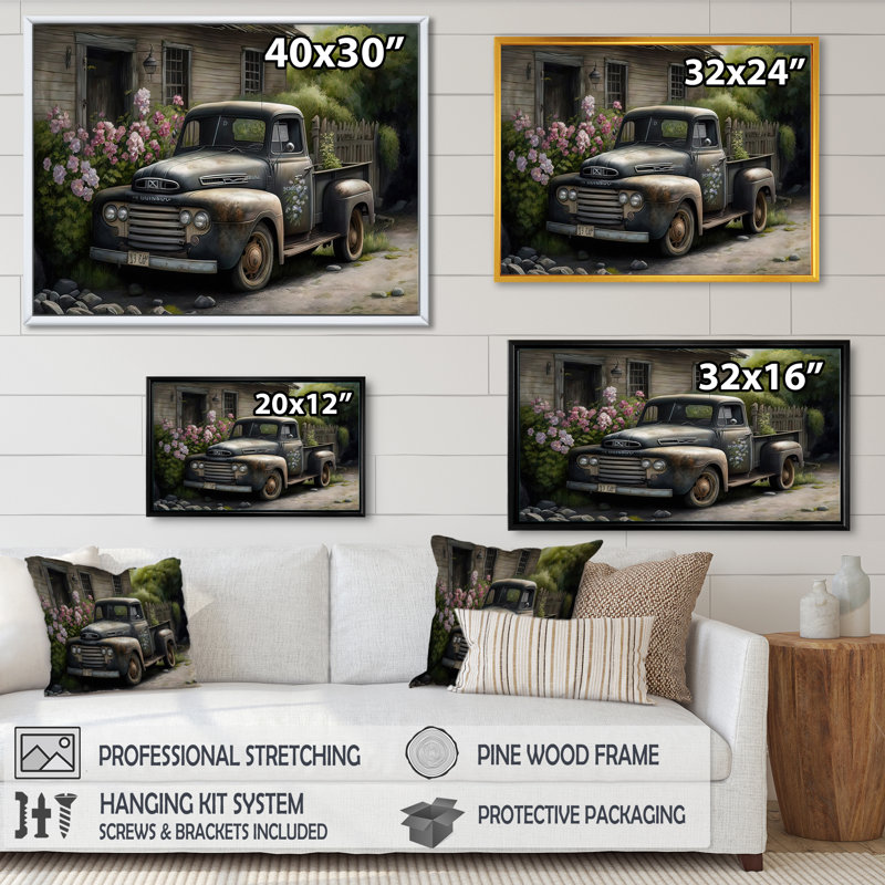 Voiture rétro à la grange - peinture sur toile, H 24 po x l 32 po x P 1 po, Toile avec cadre flottant noir