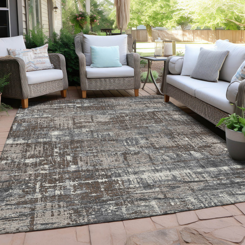 Tapis intérieur / extérieur brun lavable à la machine Xhevrie, Rectangle 9 pi x 12 pi
