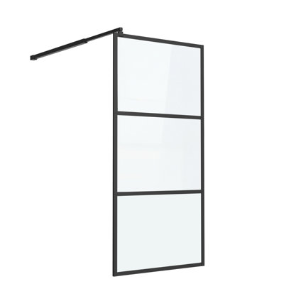 Fixed Shower Glass Panel, 1/4" (6mm) SGCC Clear Tempered Glass Shower Screen for Walk-in Bathroom, Framed Shower Door with Adjustable Support Bar, 3-Piece Divided Pattern, Bonus Glass Sealant Included