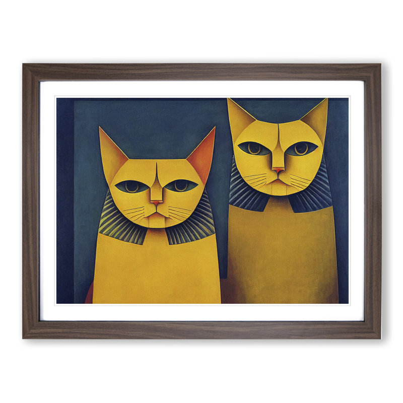 Two Egyptian Cats Abstract - Framed Print, 25cm H x 34cm W x 2cm D, Walnut Framed