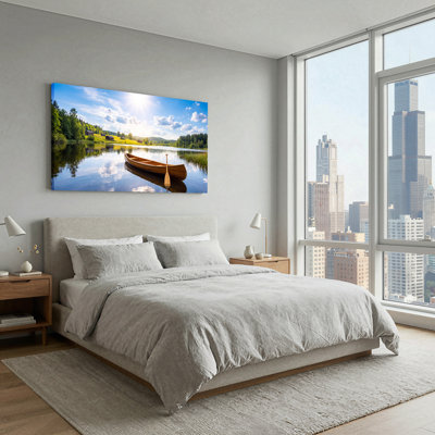Toile en bois sur un lac calme avec Green Hills et forêt, art mural sur toile