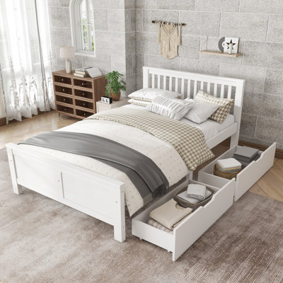 Children's bed with 2 drawers, wooden bed, white