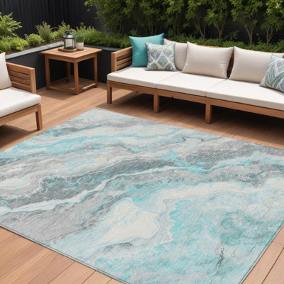 10' X 14' Teal Blue Abstract Washable Indoor Outdoor Area Rug