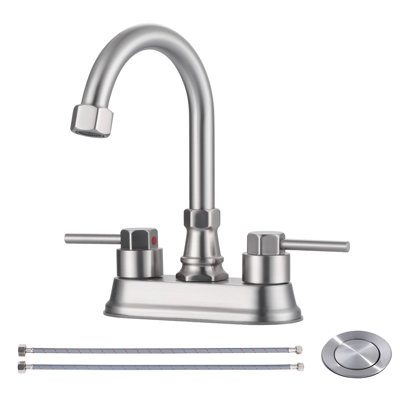4 po Robinet pour salle de bain à poignée double à grande arche Centreset avec ensemble de drain et tuyaux d'entrée d'eau inclus en nickel brossé