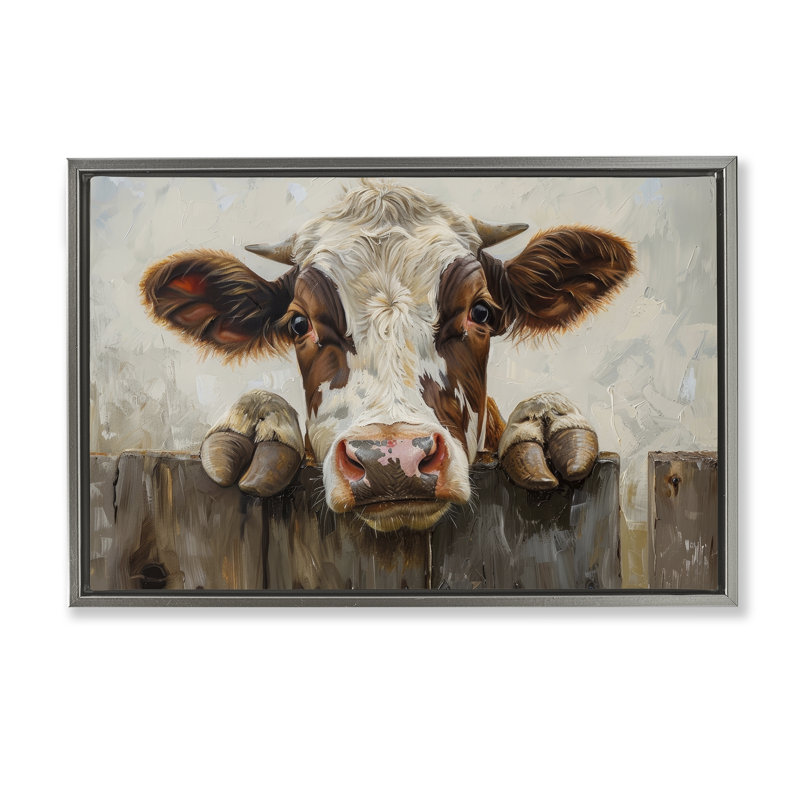 Cow On Fence Gold Framed Floater Canvas by Petals Prints Design, Lustre Grey Floater Frame, 17" H x 25" W