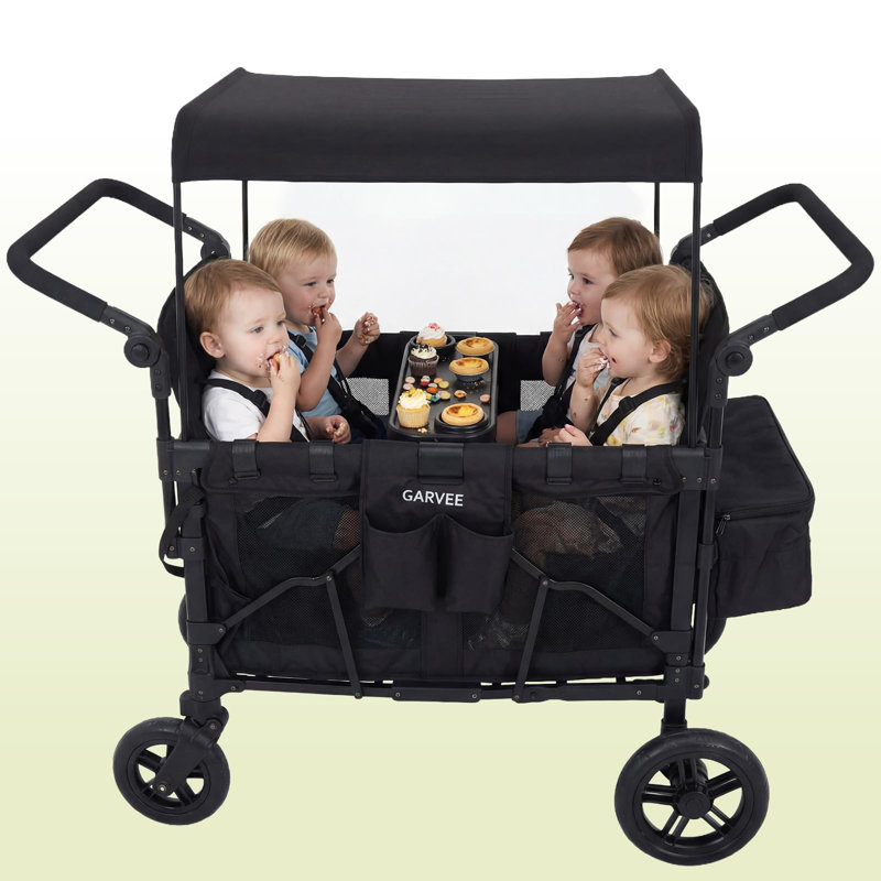 Poussette 4 places pour chariot - Tout-terrain de qualité supérieure pour enfants avec plateau de collation Canopée amovible Chariot à quatre places avec plateaux États-Unis Noir