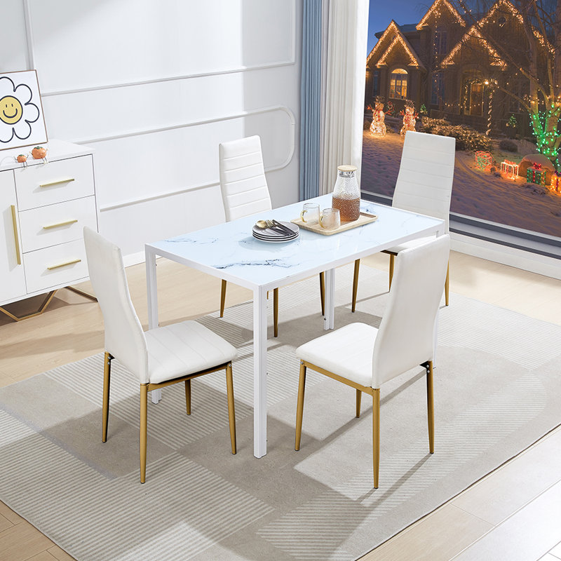 4 - Person Dining Set, White, White/Gold