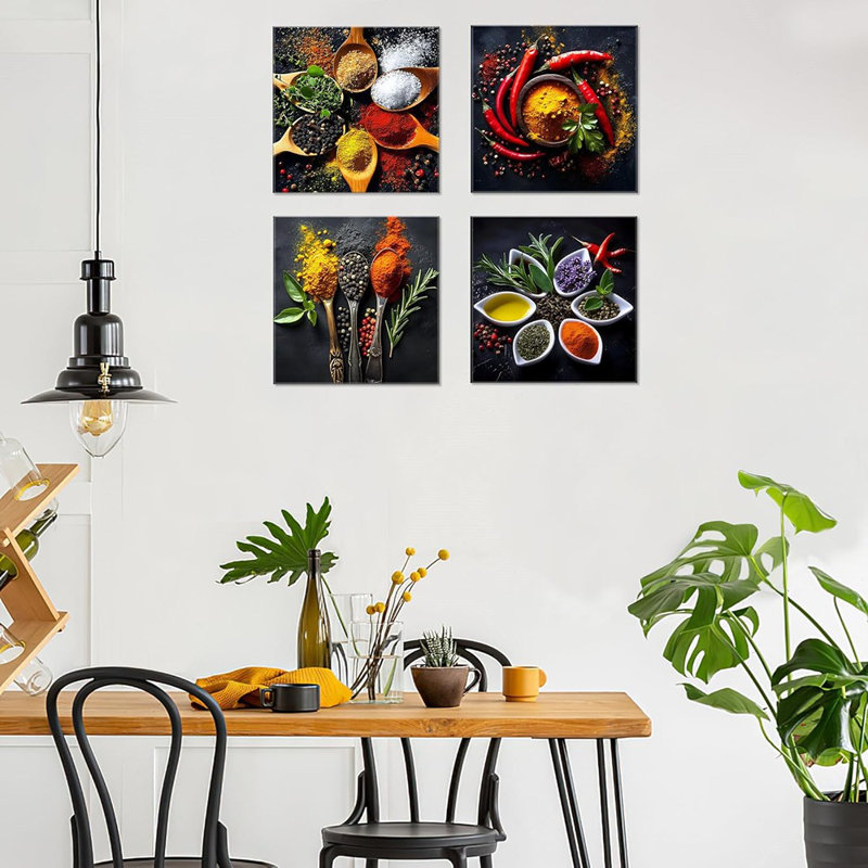  Art mural de cuisine - 4 pièces d'épices colorées et de cuillères