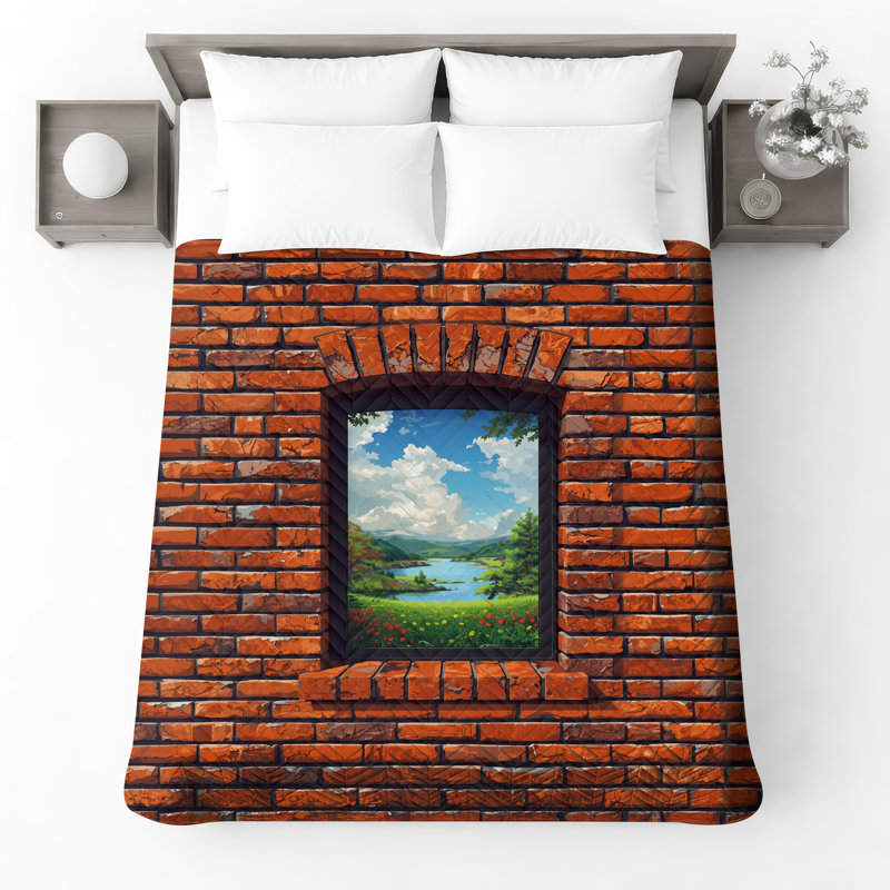 Window Brick Wall Quilted Bedspread All Sizes, Full / Double