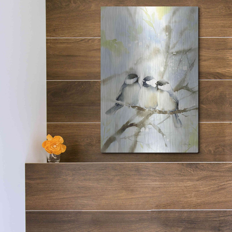 Trois mésanges au printemps par Katrina Pete - peinture sans cadre sur métal, H 16 po x l 12 po x P 0,13 po