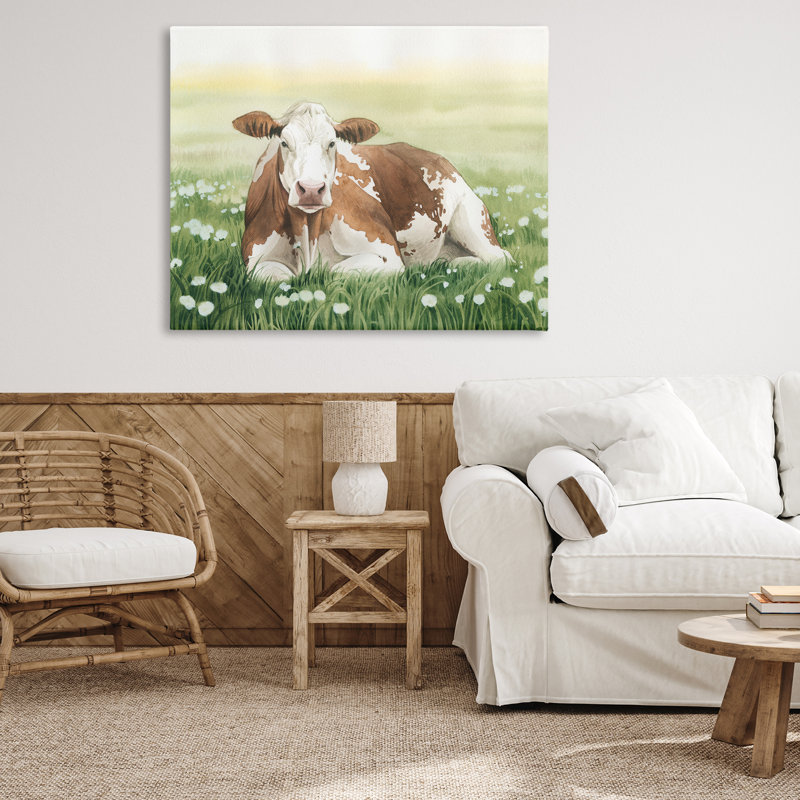 «Cow & Meadow Blossoms», art mural sur toile par Grace Popp, H 16 po x l 20 po