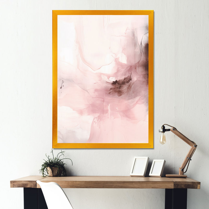 Rose délicat abstrait marbre IV - art mural abstrait en marbre, Encadrement doré, H 44 po x l 34 po x P 1,5 po