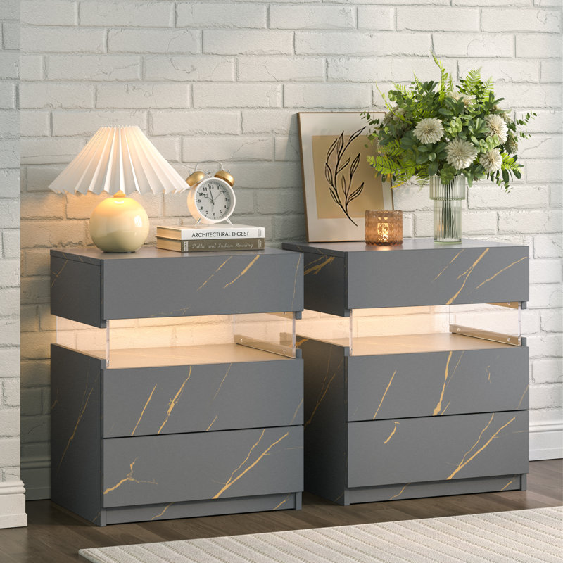 Gold and Gray Acrylic LED Nightstands with 3 Drawers