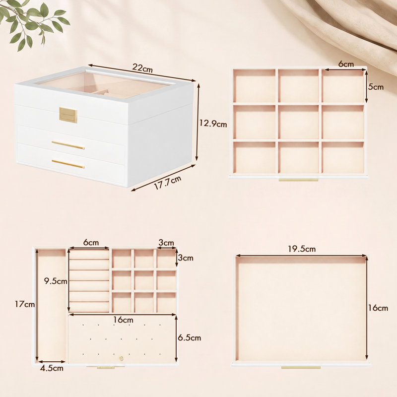 Jewellery Box Organiser 360° Rotating, Jewellery Organiser Display Case with 5 Drawers, All Sides Glass Window, Gift for Loved Ones
