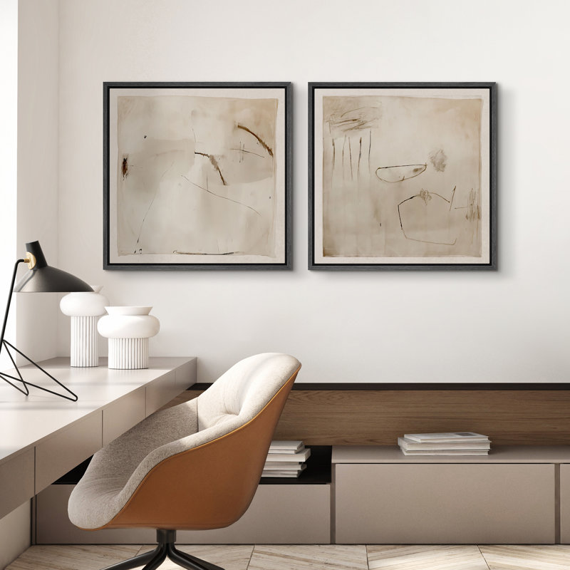Abstrait beige et brun avec impression murale minimaliste moderne et neutre, H 16" x l 16", Cadre flottant noir