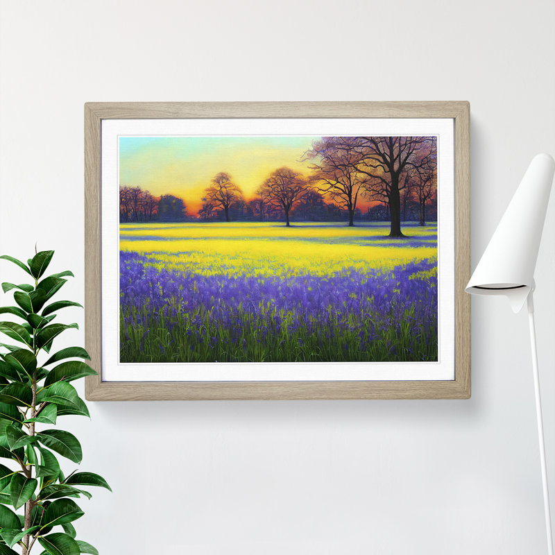Inspiring Bluebell Field Sunrise - Framed Print, 25cm H x 34cm W x 2cm D, Oak Framed