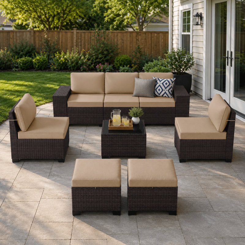 Ensemble de 8 chaises de patio en osier avec coussins et repose-pieds, Tan