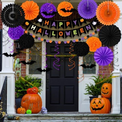 26 pièces de décorations de fête d'Halloween, ensemble de ventilateurs en papier mauve, noir et orange, fanions de guirlande de pompons d'Halloween suspendus à tourbillons pour des accessoires de décoration de fête