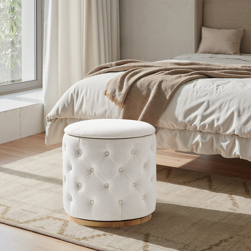 Venus Modern 19"W Tufted Ottoman with Storage and 360-degree Swivel Solid Wood Base, White